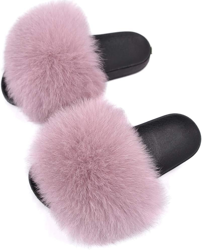 Real Fox Fur Slides for Women - Fluffy Fur Slippers Open Toe Flat Sandals for Outdoor