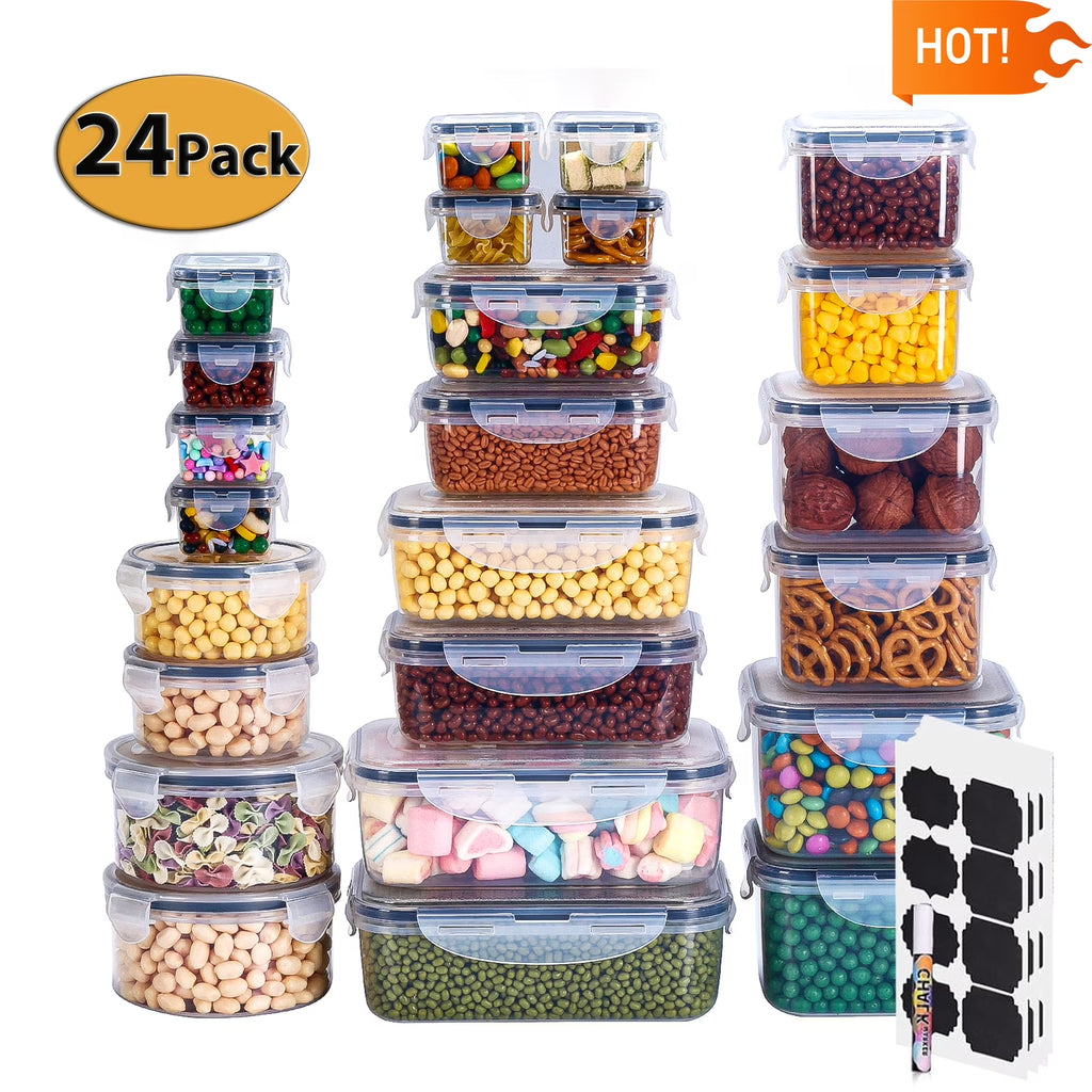 24 Pack Airtight Food Storage Containers Set with Lids, Plastic Leak-Proof Canisters for Cereal Flour Sugar,Bpa Free Leak Proof Plastic Lunch Boxes(Labels & Marker)