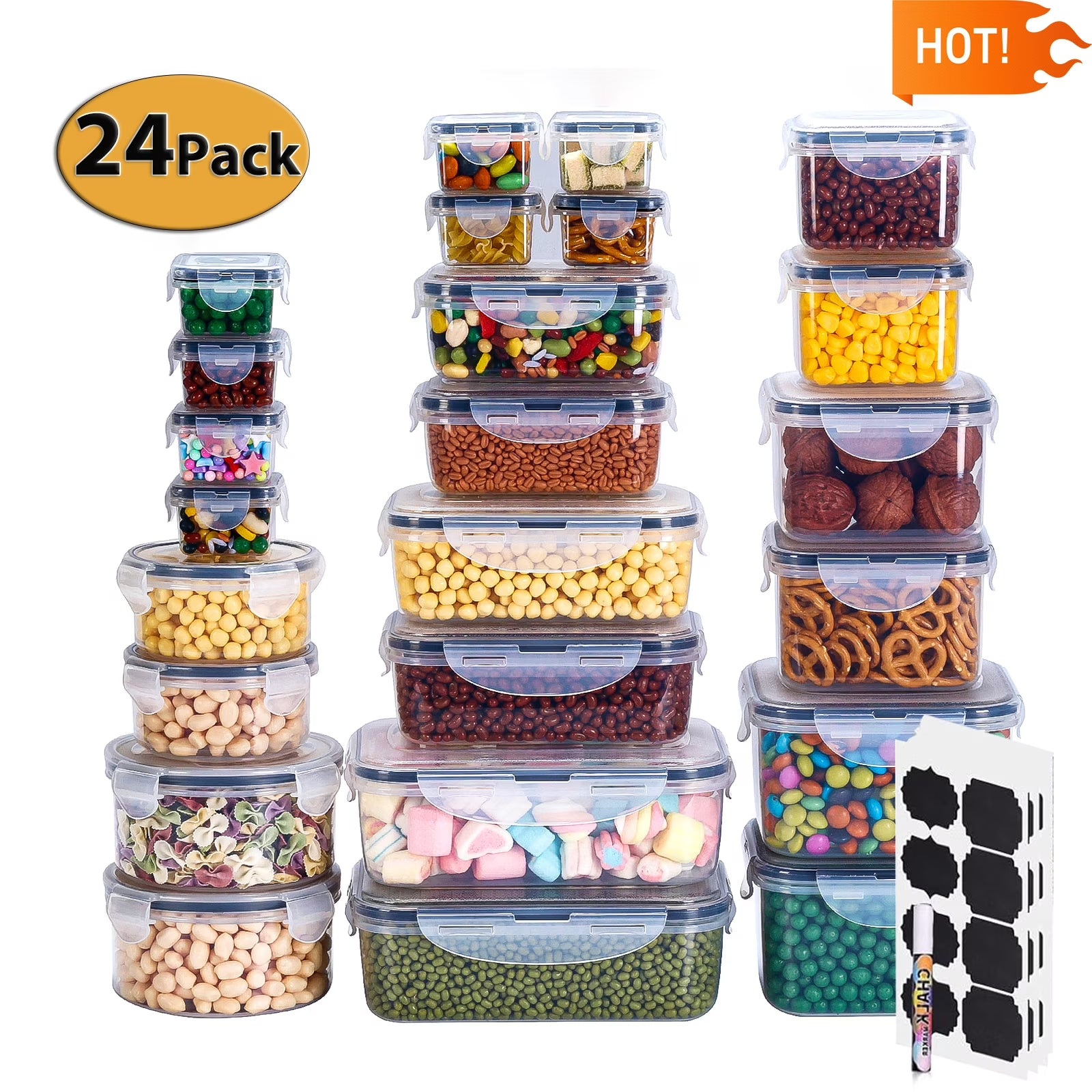 24 Pack Airtight Food Storage Containers Set with Lids, Plastic Leak-Proof Canisters for Cereal Flour Sugar,Bpa Free Leak Proof Plastic Lunch Boxes(Labels & Marker)