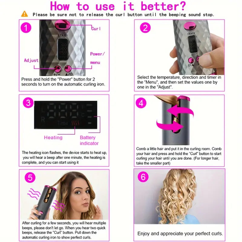 Curlwhirl Portable Hair Curler, Auto Hair Curler, Automatic Ceramic Rotating Wireless Auto Curling Iron Wand, Portable USB Rechargeable Spinning Curling Iron Spin N Curl for Hair Styling