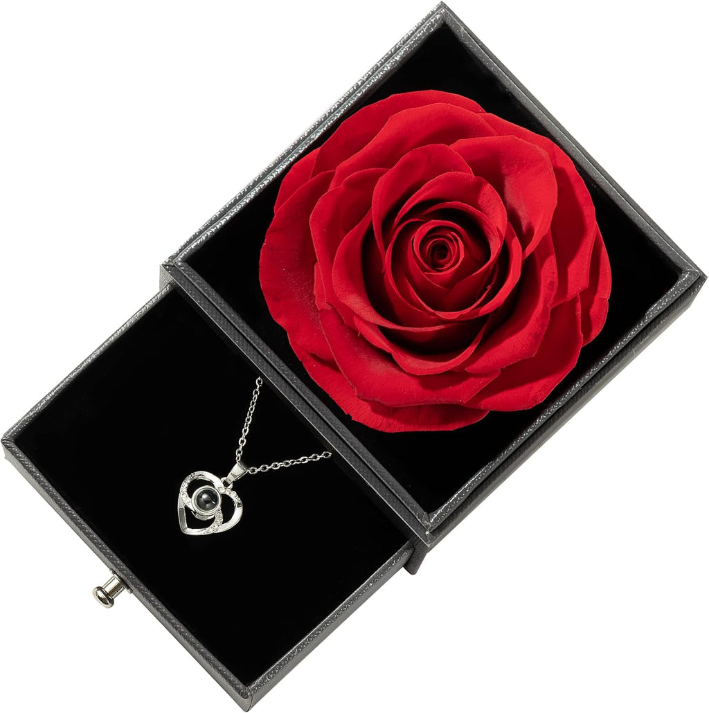 Mothers Day Gift Preserved Real Rose Preserved Rose Flower with Necklace 100 Languages Gift, Enchanted Real Rose Flower for Mother'S Day Gifts for Her (Red)