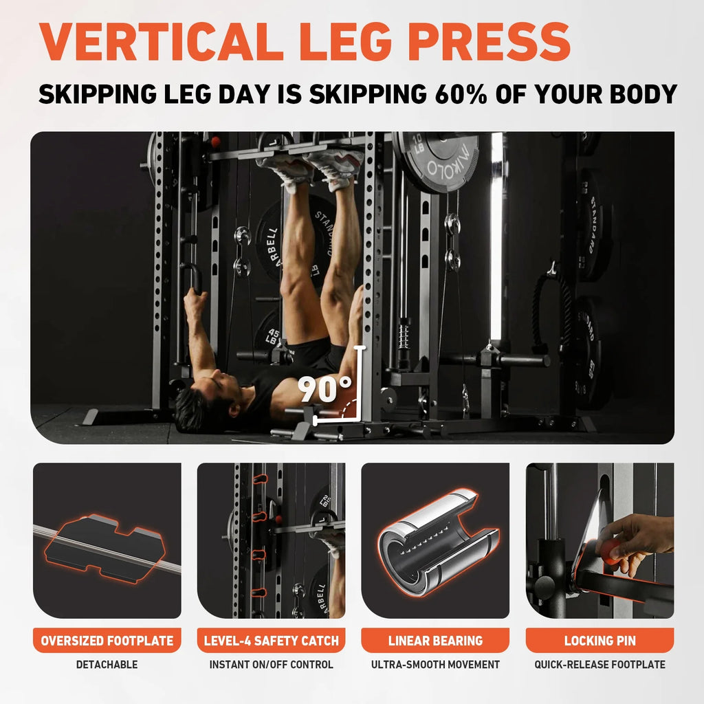 Smith Machine, All-In-One Power Rack Cage with Vertical Leg Press, 2000LBS Power Cage Squat Rack with Smith Bar, Dual Pulley Cable Crossover System for Home Gym