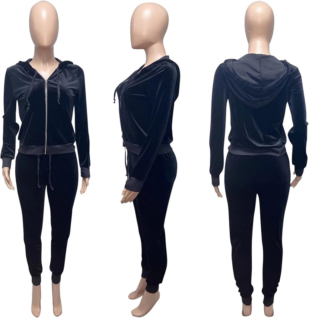 Women'S Velour Hooded Two Piece Outfits Jacket Drawstring Pants Sport Bodycon Jogging Set Tracksuit with Pockets Black S