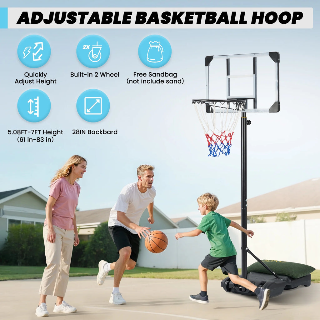 28In Basketball Hoop Basketball Goal System Height Adjustable 5.1Ft to 7Ft Court for All Age Ranges Indoor Outdoor Use